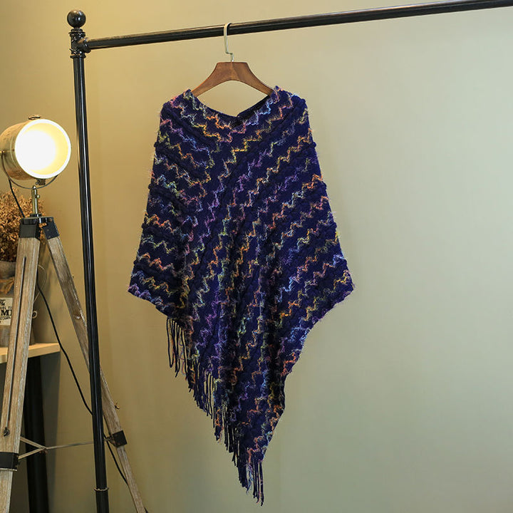 BWOOOH Tibetan Colorful Striped Shawl Tassels Pullover Wi