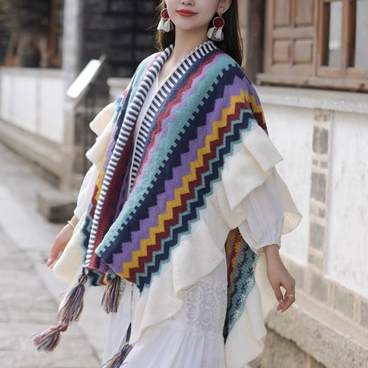 BWOOOH Tibetan Shawl Colorful Striped Wavy Line Tassels W