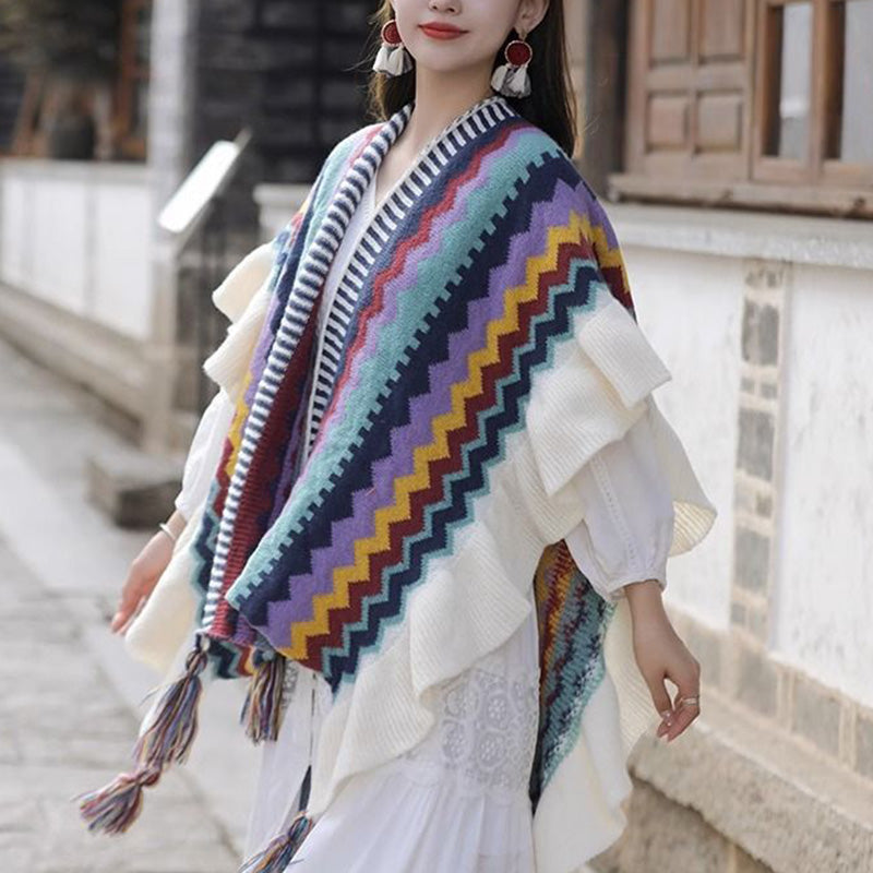 BWOOOH Tibetan Shawl Colorful Striped Wavy Line Tassels W