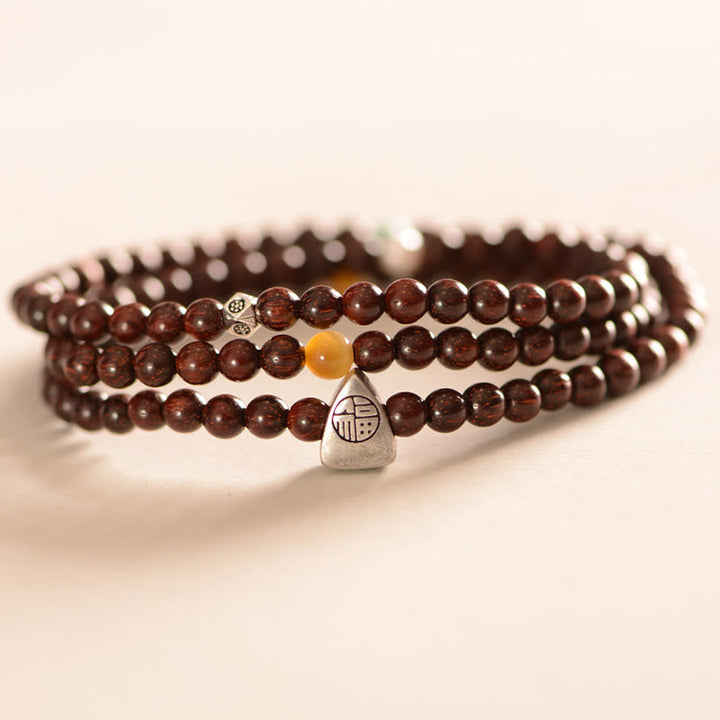 BWOOOH 925 Sterling Silver Indian Small Leaf Red Sandalwood Fu Character Protection Triple Wrap Bracelet