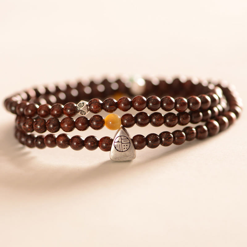 BWOOOH 925 Sterling Silver Indian Small Leaf Red Sandalwood Fu Character Protection Triple Wrap Bracelet