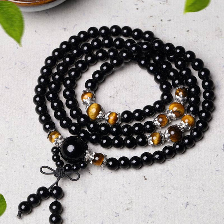 BWOOOH 108 Beads Natural Black Obsidian Tiger Eye Red Agate Mala Bracelet