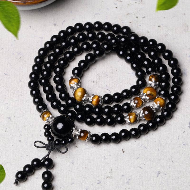 BWOOOH 108 Beads Natural Black Obsidian Tiger Eye Red Agate Mala Bracelet