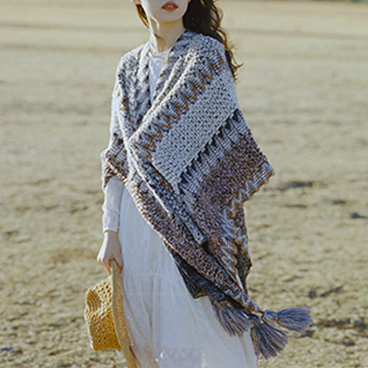 BWOOOH Tibetan Shawl Gray Brown Striped Knitted Tassels W