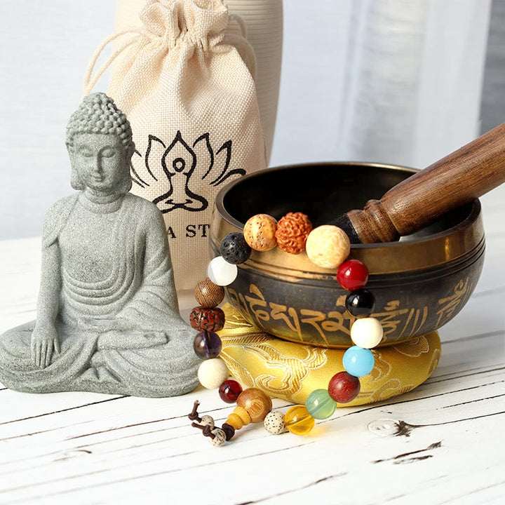 BWOOOH Tibetan meditation bundle: 3.34in Om Mani Padme Hum singing bowl, auspicious cloud cushion, unique 18-bead wrist mala, and serene sandstone Buddha statue. - View 2