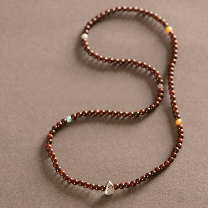 BWOOOH 925 Sterling Silver Indian Small Leaf Red Sandalwood Fu Character Protection Triple Wrap Bracelet