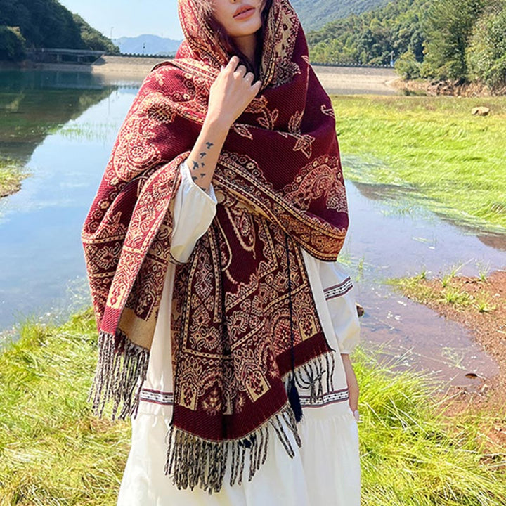 BWOOOH Vintage Tibetan Leaves Pattern Design Shawl Cozy T