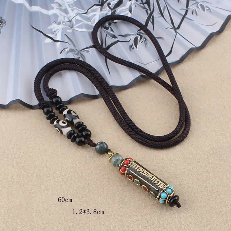 BWOOOH Tibetan Om Mani Padme Hum Dzi Bead Wenge Wood Necklace Pendant