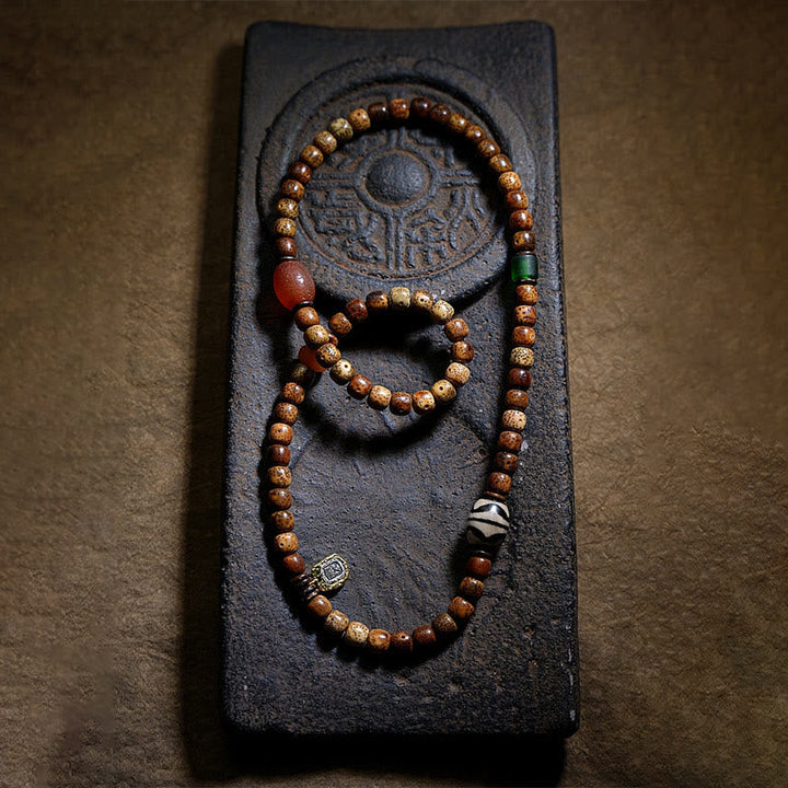 BWOOOH Tibetan Bodhi Seed Amber Dzi Bead Agate Zakiram Goddess of Wealth Beads Triple Wrap Bracelet
