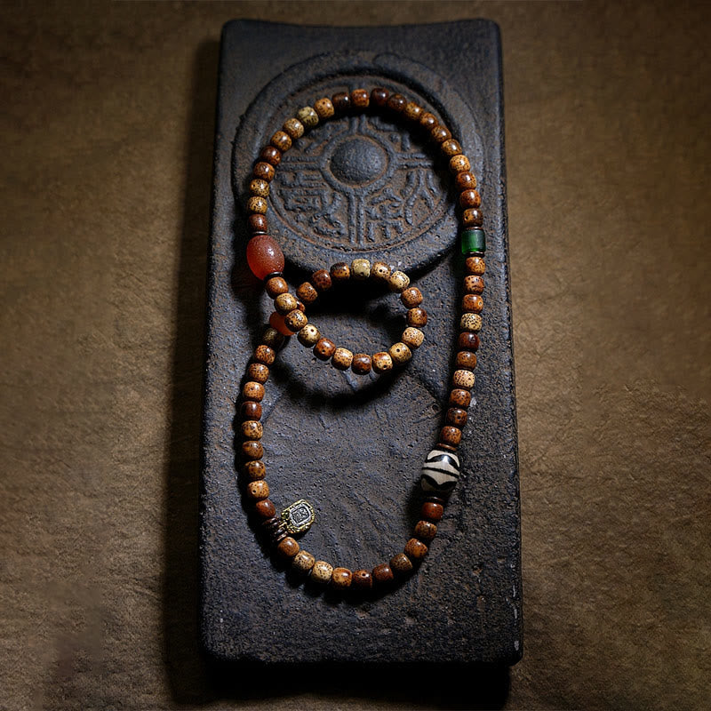 BWOOOH Tibetan Bodhi Seed Amber Dzi Bead Agate Zakiram Goddess of Wealth Beads Triple Wrap Bracelet