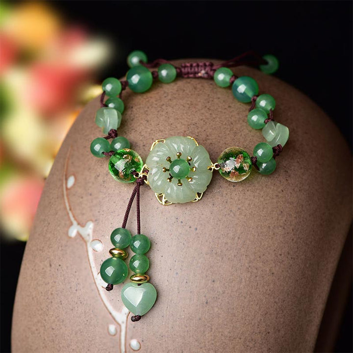 BWOOOH Natural Green Jade Luck Dangling Flower Bracelet