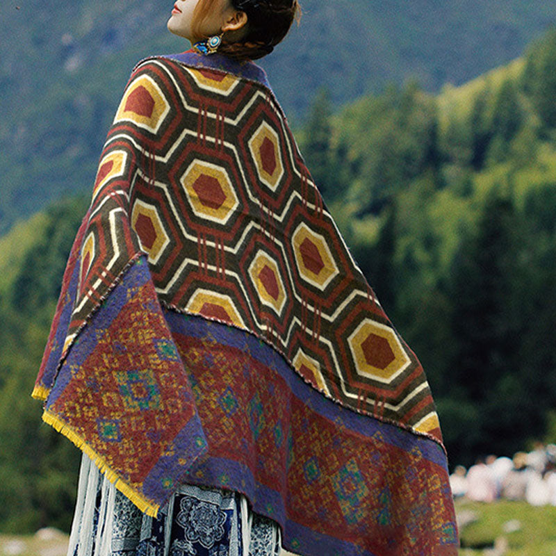 BWOOOH Tibetan Shawl Brown Blue Red Geometric Shapes Patt