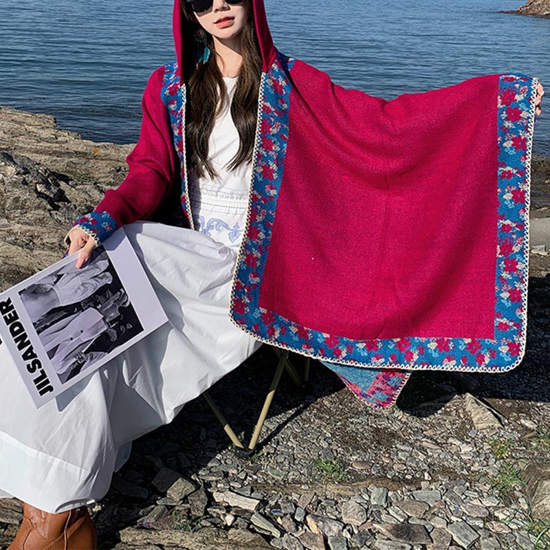 BWOOOH Tibetan Shawl Border Small Floral Flower Hooded Cl