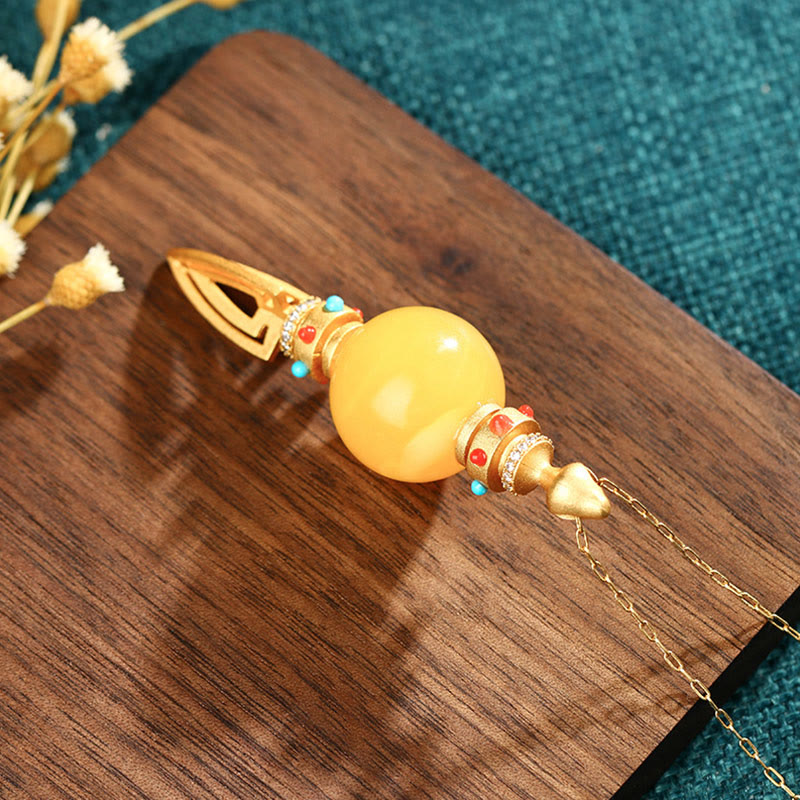 BWOOOH 24K Gold Plated Amber Dorje Vajra Clear Anxiety Necklace Pendant