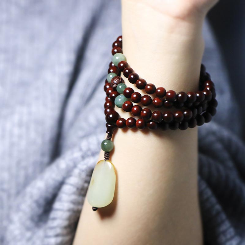 BWOOOH Tibetan Small Leaf Red Sandalwood Jade Mala Meditation Bracelet