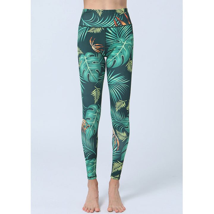 BWOOOH lotus print yoga leggings - Leaves Print Pants Sports Fitness Yoga H