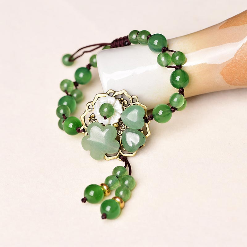 BWOOOH Natural Green Jade Luck Dangling Flower Bracelet