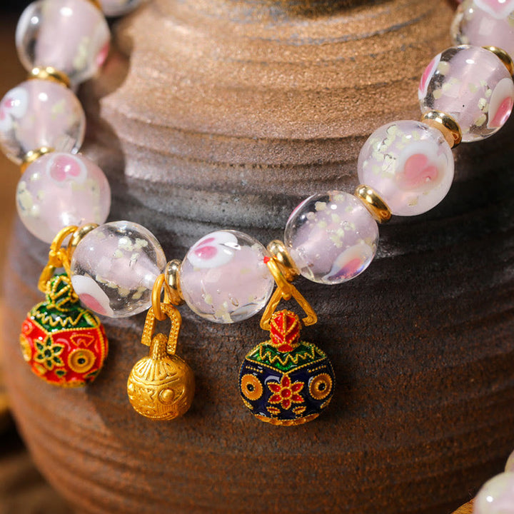 BWOOOH Gold Swallowing Beast Family Charm Luminous Pink Love Heart Fluorescent Liuli Glass Bead Blessings Bracelet