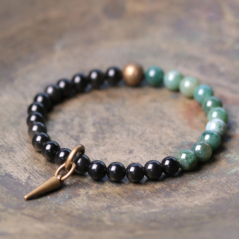 BWOOOH Black Obsidian Sodalite Crystal Copper Strength Couple Bracelet