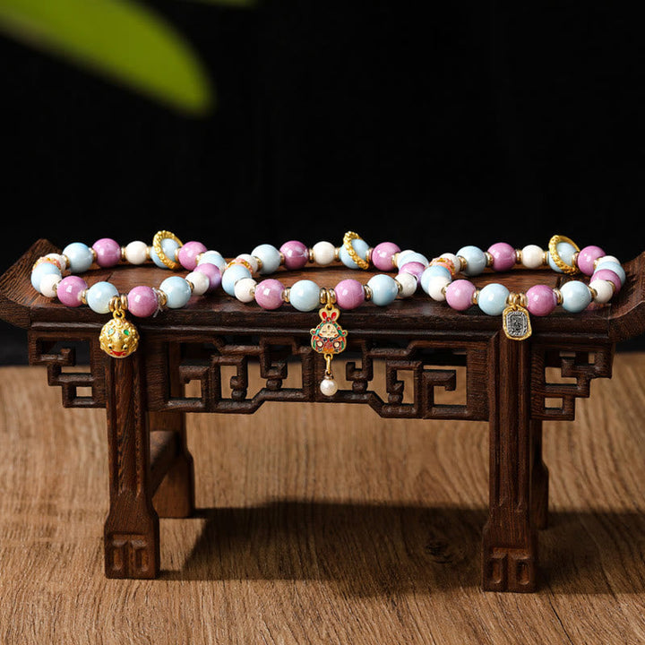 BWOOOH Tibetan Zakiram Goddess of Wealth Rabbit Lion Head Charm Liuli Glass Incense Ash Porcelain Bead Protection Bracelet