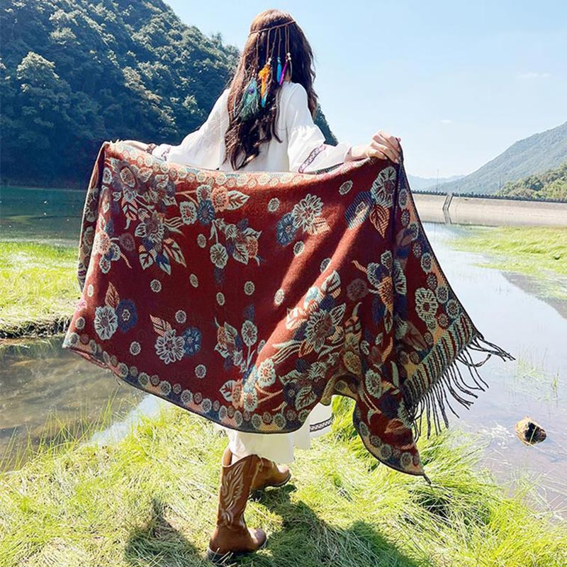 BWOOOH Tibetan Flower Floral Leaves Pattern Design Shawl 