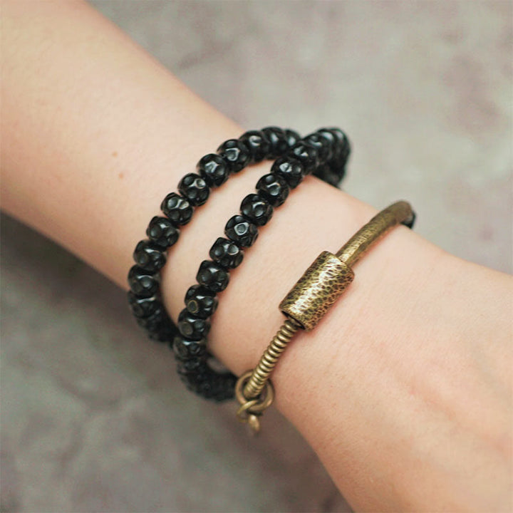 BWOOOH Retro Coconut Shell Brass Copper Happiness Triple Wrap Bracelet