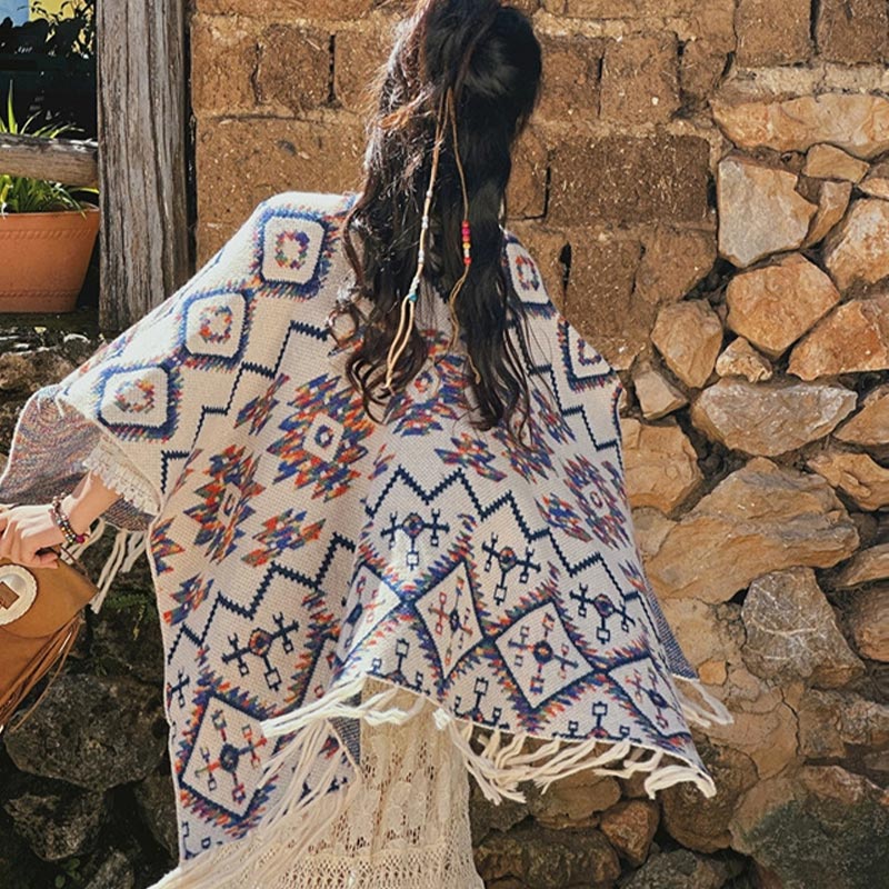 BWOOOH Tibetan Shawl Striped Geometry Pattern Winter Cozy