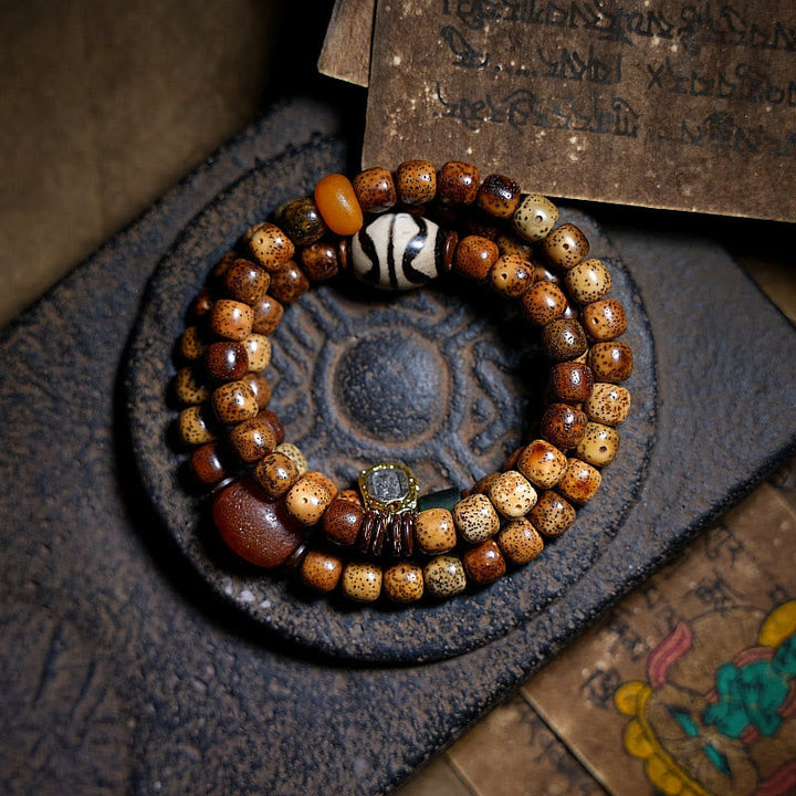 BWOOOH Tibetan Bodhi Seed Amber Dzi Bead Agate Zakiram Goddess of Wealth Beads Triple Wrap Bracelet