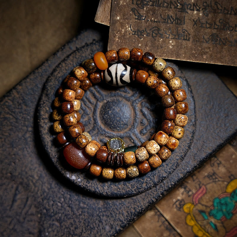 BWOOOH Tibetan Bodhi Seed Amber Dzi Bead Agate Zakiram Goddess of Wealth Beads Triple Wrap Bracelet