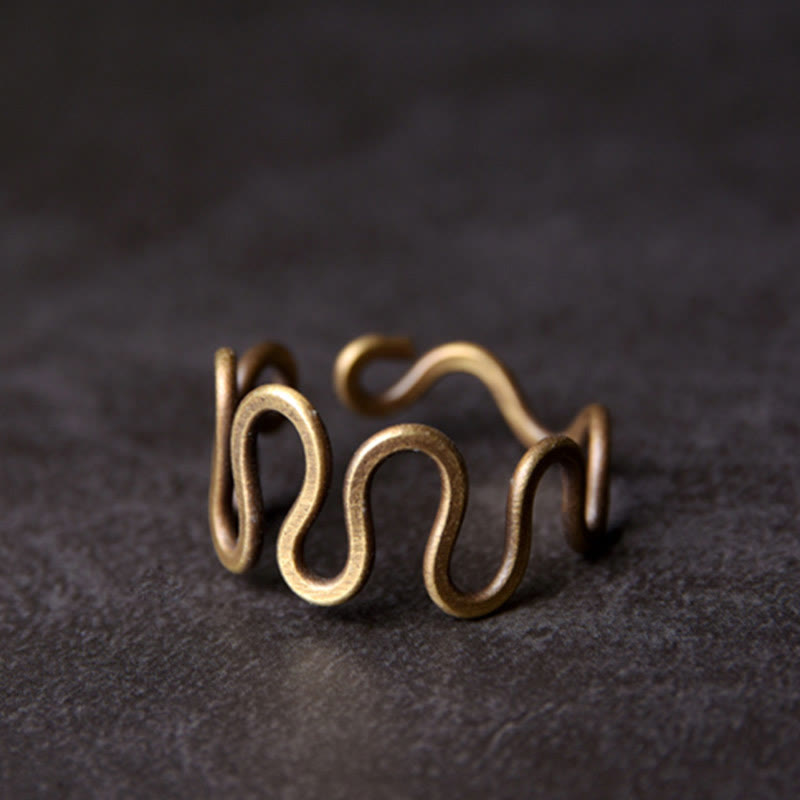 BWOOOH Simple Curved Brass Design Copper Luck Wealth Adjustable Ring