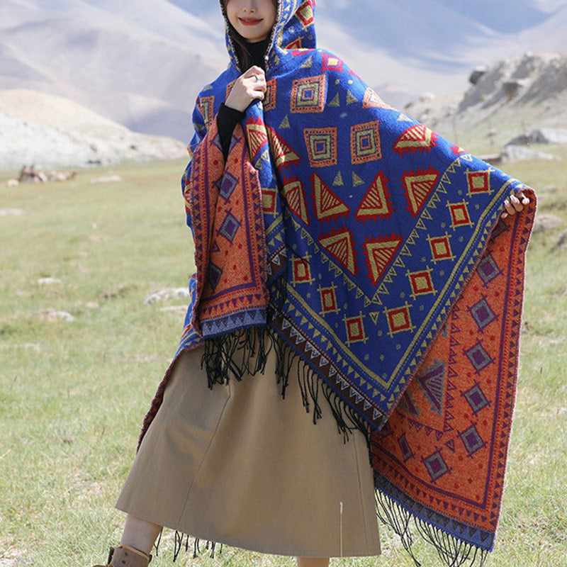 BWOOOH Tibetan Shawl Triangle Pattern Hooded Cloak Winter