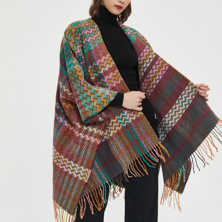 Buddha Stones Tibetan Shawl Colorful Wavy Line Tassels Winter Cozy Travel Scarf Wrap