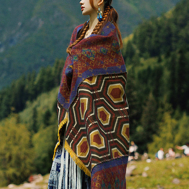 BWOOOH Tibetan Shawl Brown Blue Red Geometric Shapes Patt