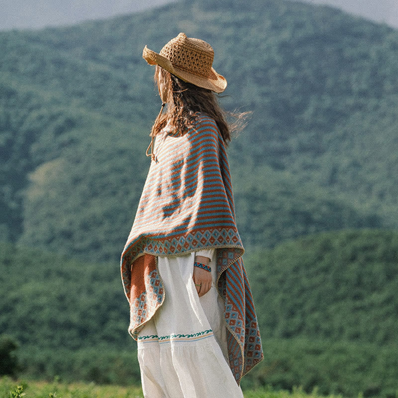 BWOOOH Tibetan Shawl Striped Diamond Pattern Winter Warm 