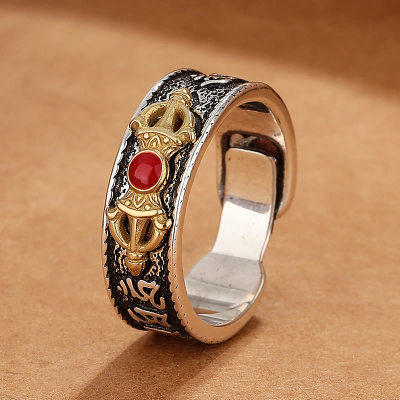 BWOOOH Tibetan Om Mani Padme Hum Red Agate Dorje Vajra Design Wisdom Ring — Red Agate Tibetan bracelet for spiritual heali...