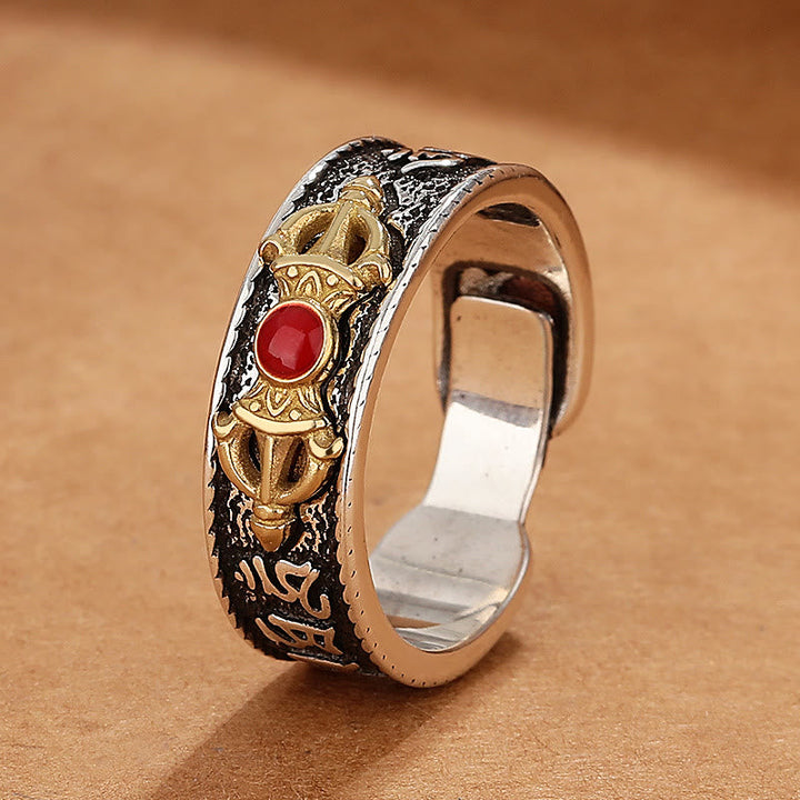 BWOOOH Tibetan Om Mani Padme Hum Red Agate Dorje Vajra Design Wisdom Ring — Red Agate Tibetan bracelet for spiritual heali...
