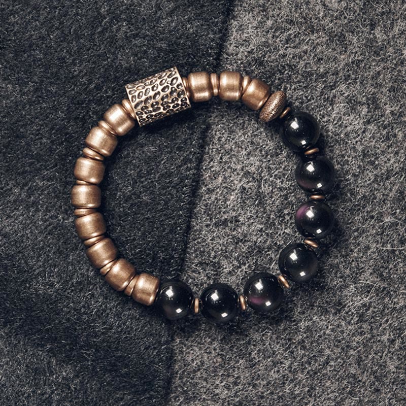 BWOOOH Lava Rock Stone Rainbow Obsidian Brass Support Healing Bracelet