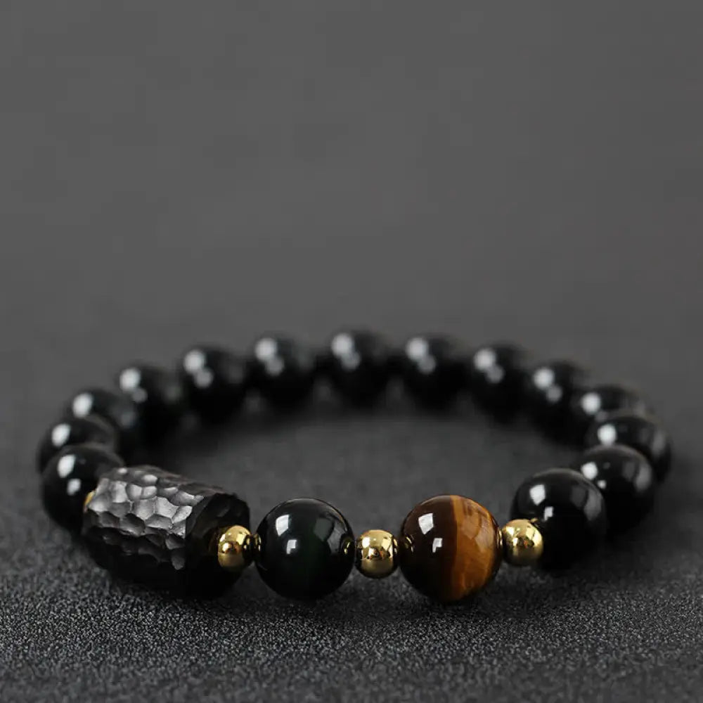BWOOOH Black Obsidian Ebony Wood and Red Tiger Eye Strength Couple Bracelet designed by Drolma