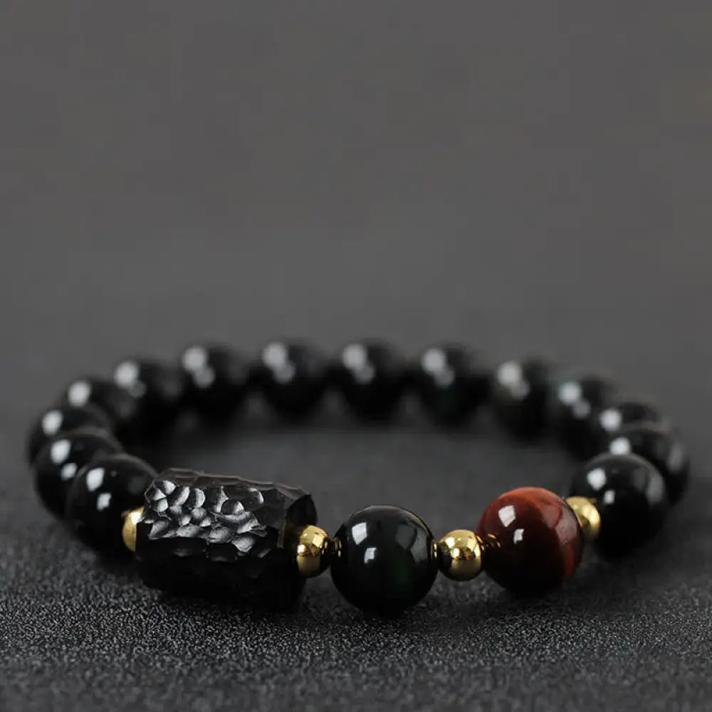 BWOOOH Black Obsidian Ebony Wood and Red Tiger Eye Strength Couple Bracelet designed by Drolma