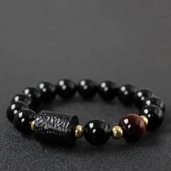 BWOOOH Black Obsidian Ebony Wood and Red Tiger Eye Strength Couple Bracelet designed by Drolma