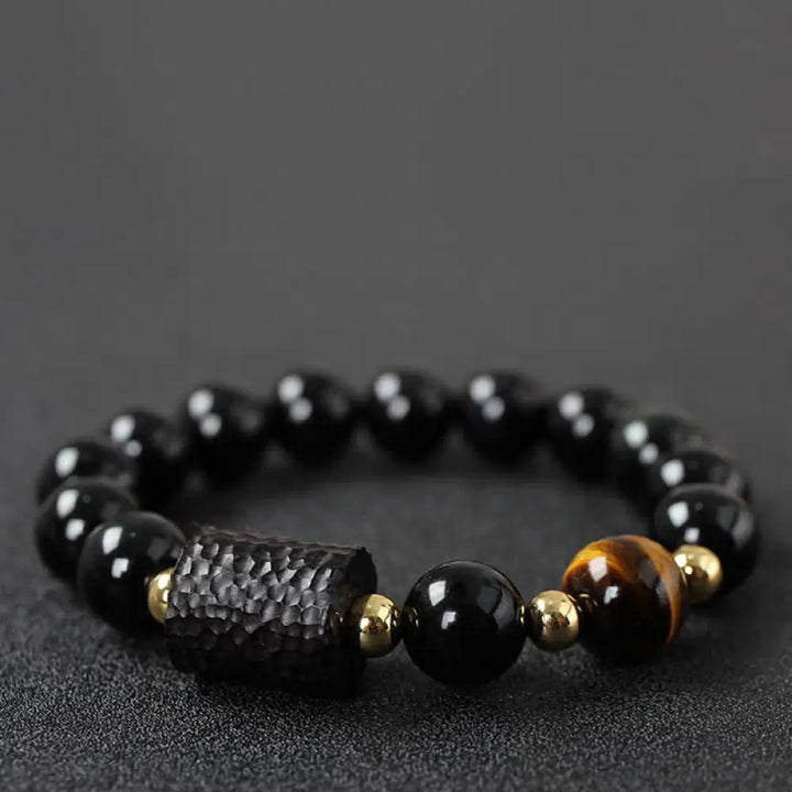BWOOOH Black Obsidian Ebony Wood and Red Tiger Eye Strength Couple Bracelet designed by Drolma