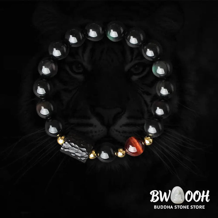 BWOOOH Black Obsidian Ebony Wood and Red Tiger Eye Strength Couple Bracelet designed by Drolma