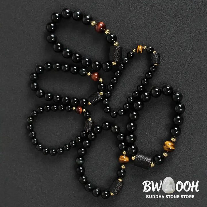 BWOOOH Black Obsidian Ebony Wood and Red Tiger Eye Strength Couple Bracelet designed by Drolma