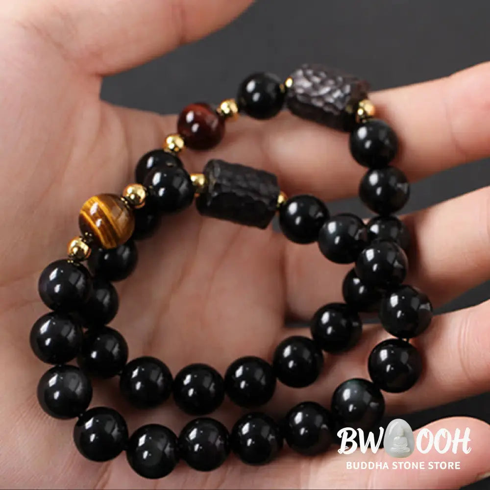 BWOOOH Black Obsidian Ebony Wood and Red Tiger Eye Strength Couple Bracelet designed by Drolma