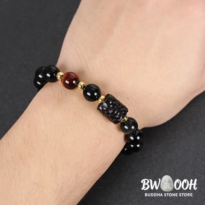 BWOOOH Black Obsidian Ebony Wood and Red Tiger Eye Strength Couple Bracelet designed by Drolma