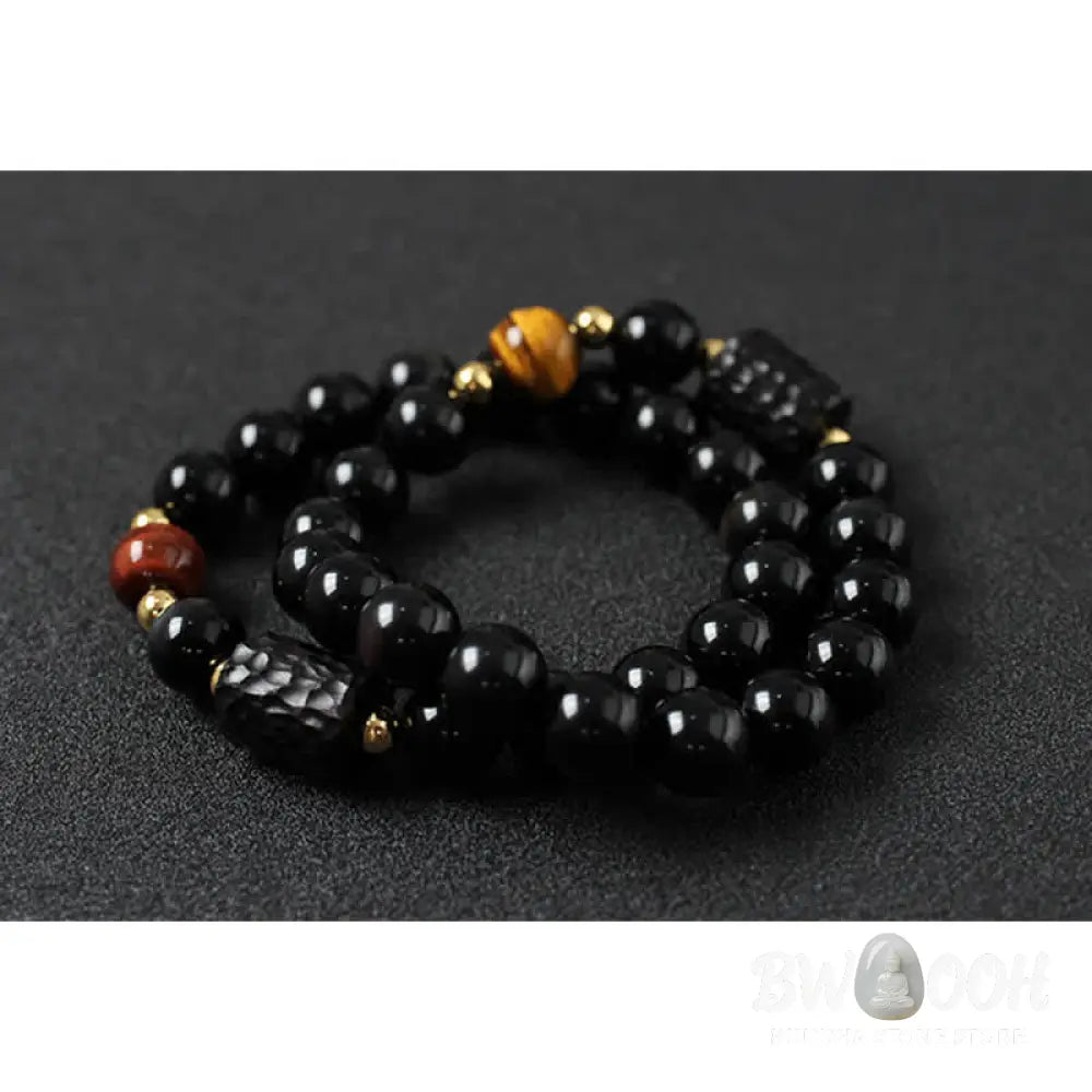 BWOOOH Black Obsidian Ebony Wood and Red Tiger Eye Strength Couple Bracelet designed by Drolma