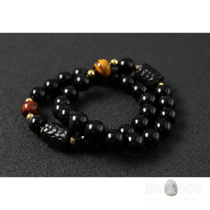 BWOOOH Black Obsidian Ebony Wood and Red Tiger Eye Strength Couple Bracelet designed by Drolma