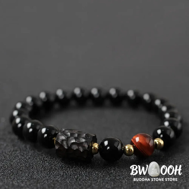 BWOOOH Black Obsidian Ebony Wood and Red Tiger Eye Strength Couple Bracelet designed by Drolma