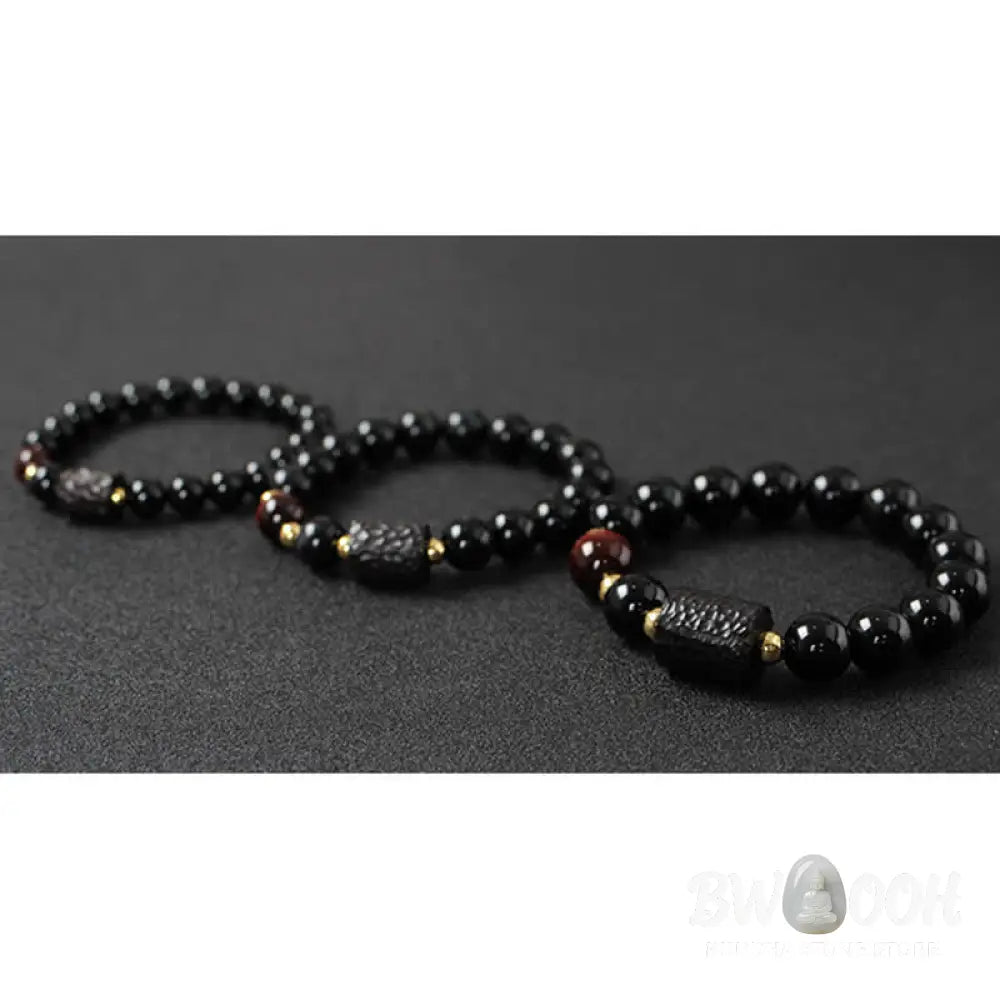 BWOOOH Black Obsidian Ebony Wood and Red Tiger Eye Strength Couple Bracelet designed by Drolma