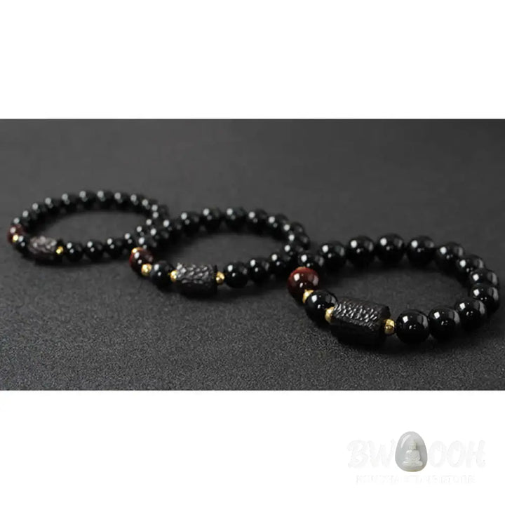 BWOOOH Black Obsidian Ebony Wood and Red Tiger Eye Strength Couple Bracelet designed by Drolma